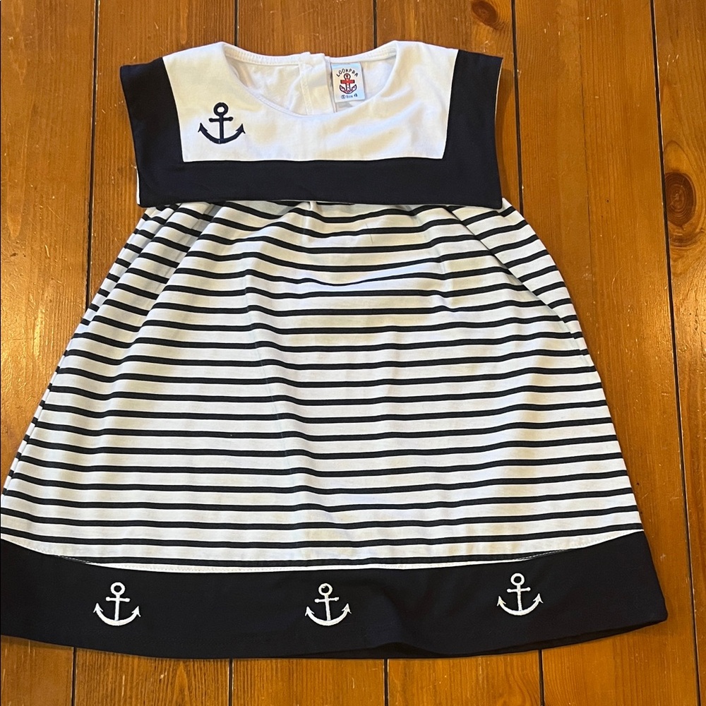 Lookpra Nautical Anchor Stripe Dress - White & Navy Girls Size 4